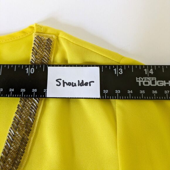 BEBE Yellow Blouse Small Beaded V-Neck Shirred Waist Peasant Top Boho Festival - Picture 14 of 16